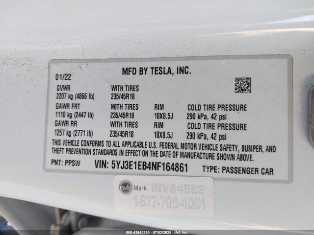 Tesla 2022 2022 5YJ3E1EB4NF164861 Image 9