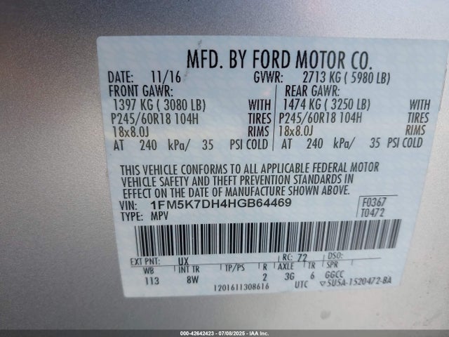 1FM5K7DH4HGB64469 Ford 2.3l gtdi