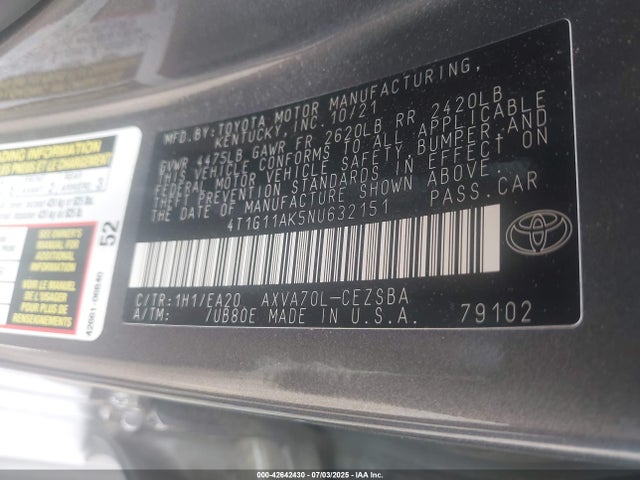 4T1G11AK5NU632151 Toyota a25a-fks