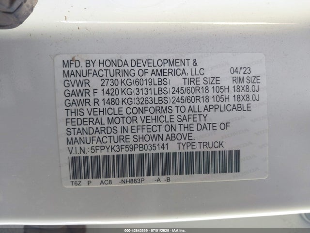 Honda j35y6 2023 5FPYK3F59PB035141 Image 9