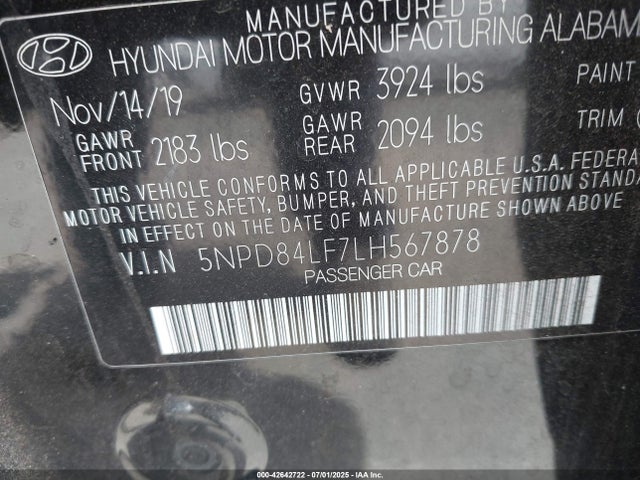 5NPD84LF7LH567878 Hyundai mpi nu
