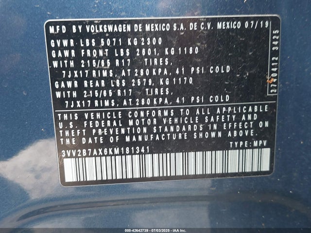 3VV2B7AX6KM181341 Volkswagen 2019