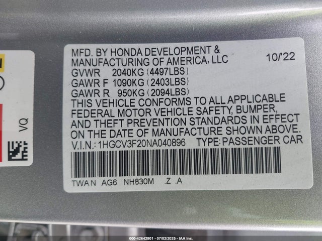 1HGCV3F20NA040896 Honda lfb2