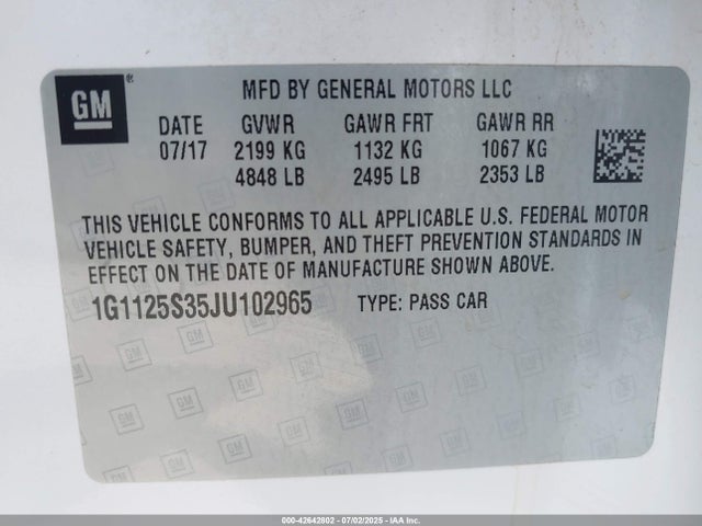 1G1125S35JU102965 Chevrolet lfx - spark ignited direct injection, vvt, e85 max, alum