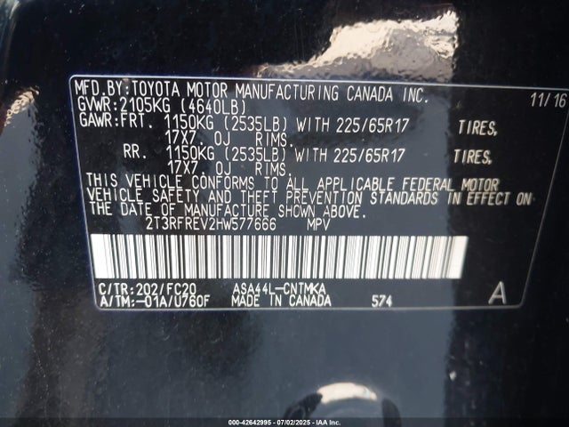 2T3RFREV2HW577666 Toyota 2ar-fe