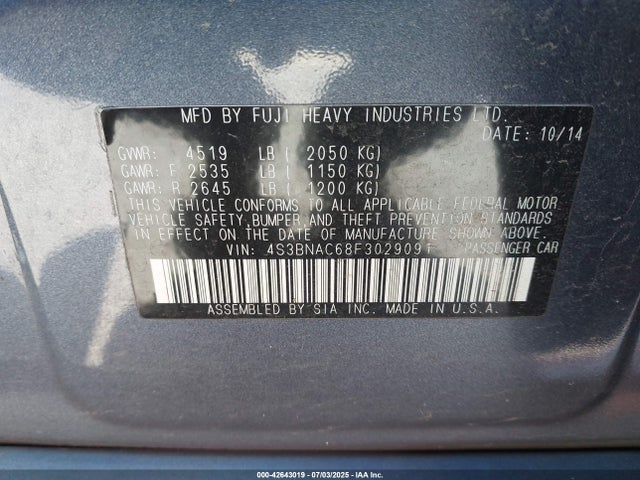 Subaru 2.5l u5 2015 4S3BNAC68F3029091 Image 9