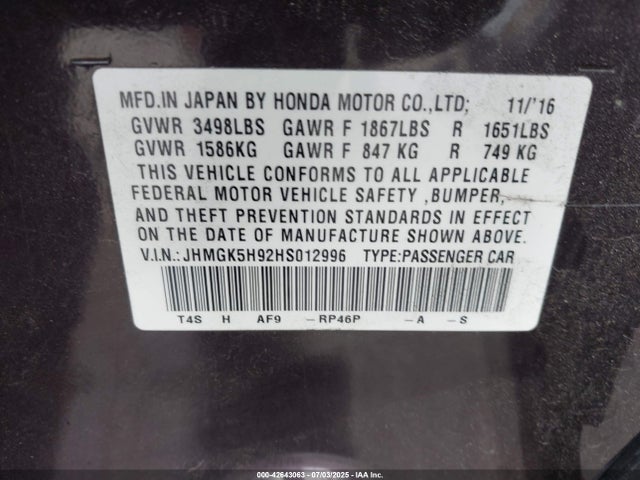 JHMGK5H92HS012996 Honda l15b1/l15b3
