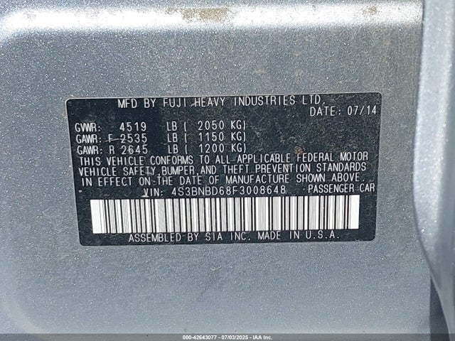 Subaru 2.5l u6 2015 4S3BNBD68F3008648 Image 9