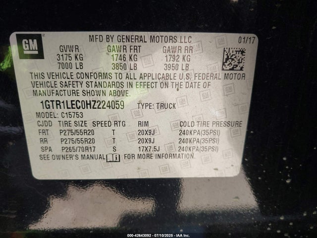 GMC l83 -spark ignited direct injection, variable valve timing, afm, e85 max, alum 2017 1GTR1LEC0HZ224059 Image 9