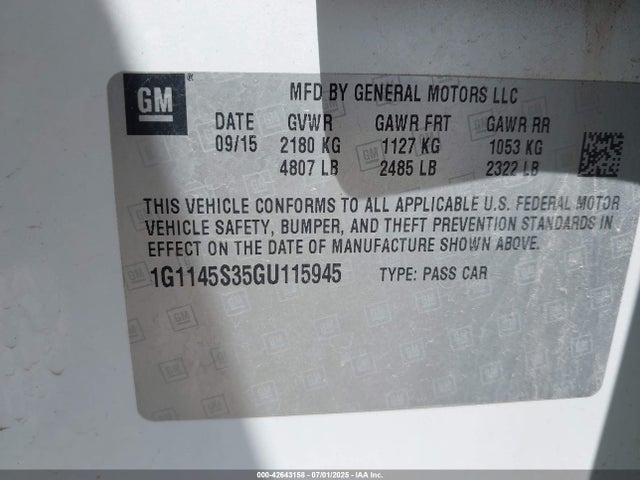 1G1145S35GU115945 Chevrolet lfx - sidi, vvt, e85 max, alum gm