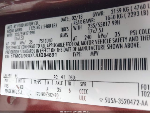 2018 FORD ESCAPE 1FMCU9GD7JUB84891 Photo 8