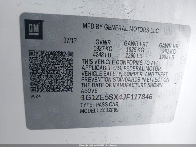 1G1ZE5SX4JF117846 Chevrolet ltg - spark ignited direct injection, variable valve timing, alum dohc, dcvcp turbo, e0-e100, alum