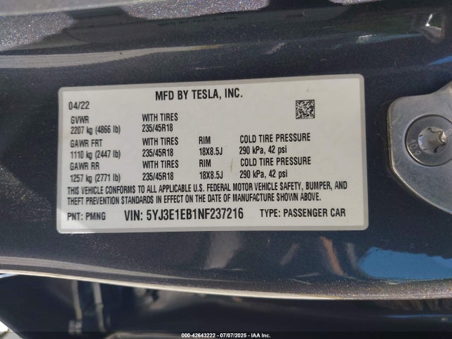 2022 TESLA MODEL 3 5YJ3E1EB1NF237216 Photo 8