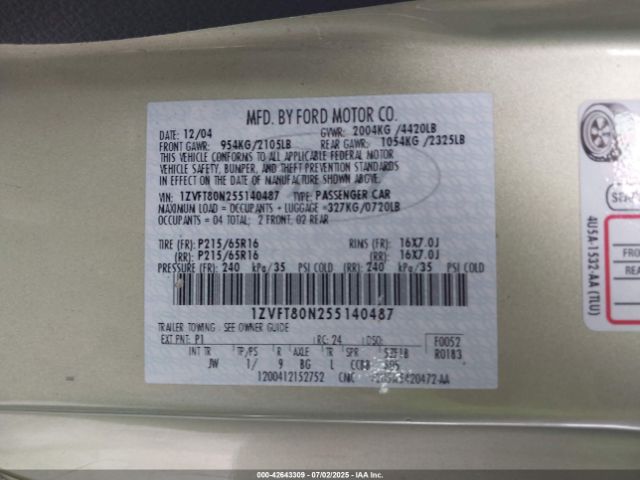 2005 FORD MUSTANG 1ZVFT80N255140487 Photo 8