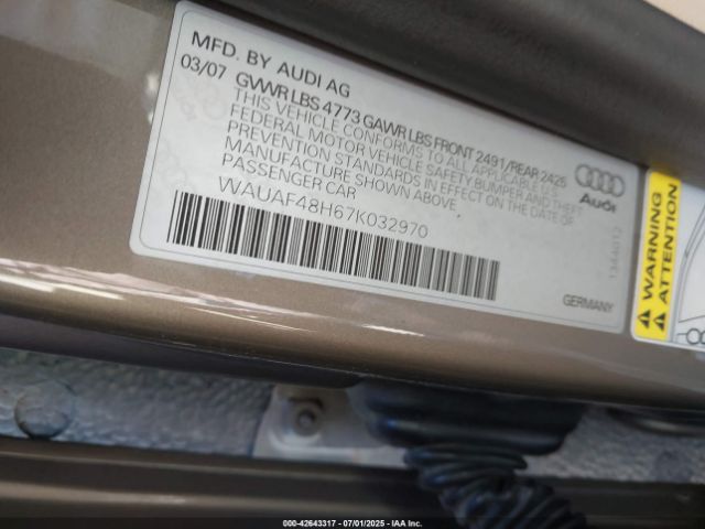 2007 AUDI A4 WAUAF48H67K032970 Photo 8