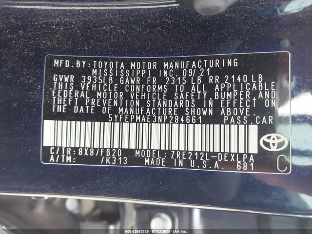 5YFEPMAE3NP284661 Toyota 2zr-fae