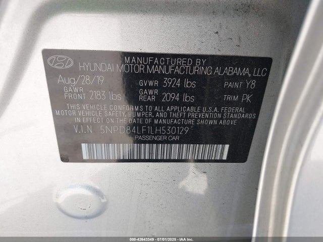 5NPD84LF1LH530129 Hyundai mpi nu