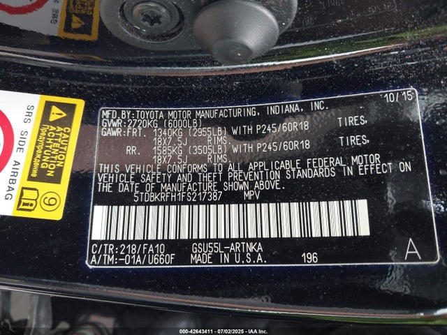 5TDBKRFH1FS217387 Toyota 2gr-fe