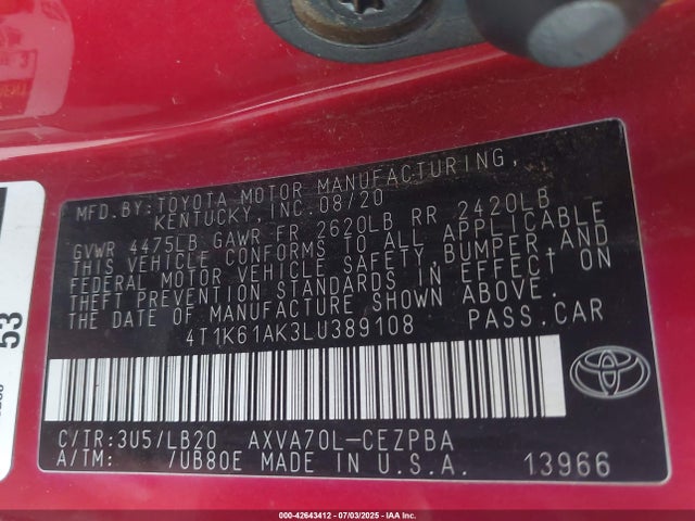 4T1K61AK3LU389108 Toyota a25a-fks