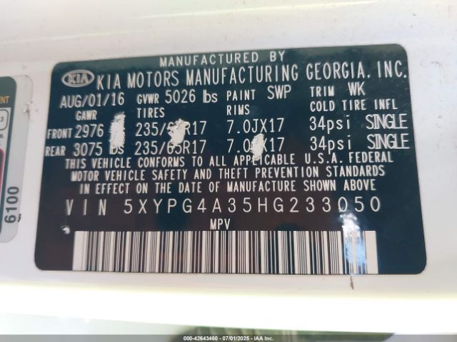 2017 KIA SORENTO 5XYPG4A35HG233050 Photo 8