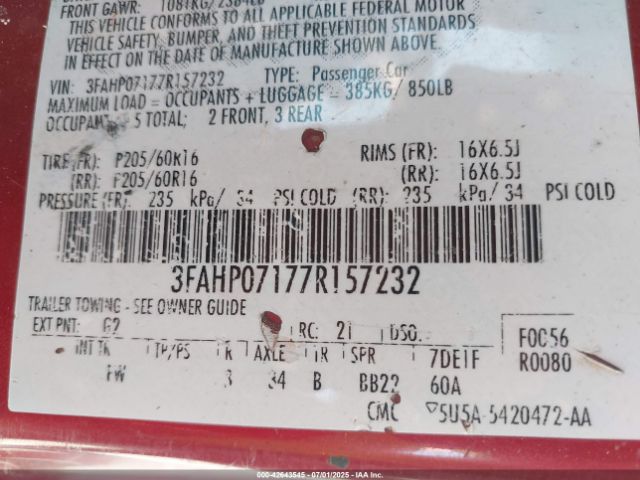 2007 FORD FUSION 3FAHP07177R157232 Photo 8