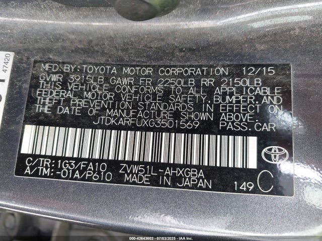 JTDKARFUXG3501569 Toyota 2zr-fxe,1nm