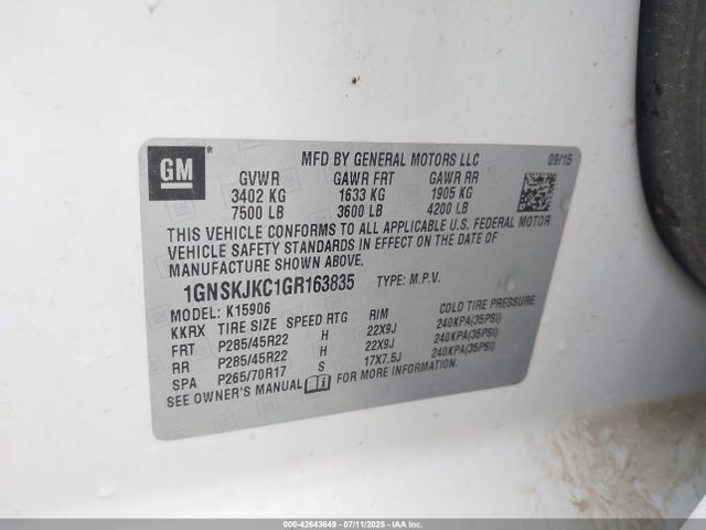 1GNSKJKC1GR163835 Chevrolet l83 - sidi, vvt, afm, e85 max, aluminum
