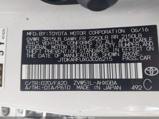 JTDKARFUXG3026215 Toyota 2zr-fxe,1nm