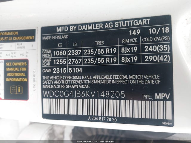 WDC0G4JB6KV148205 Mercedes-Benz m274