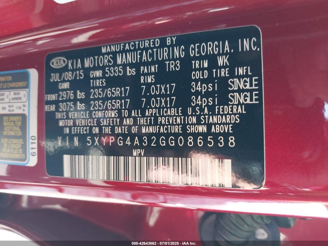 5XYPG4A32GG086538 KIA dohc gdi theta ii