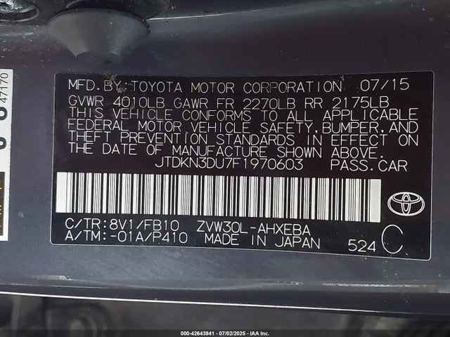 Toyota 2zr-fxe+3jm 2015 JTDKN3DU7F1970603 Image 9