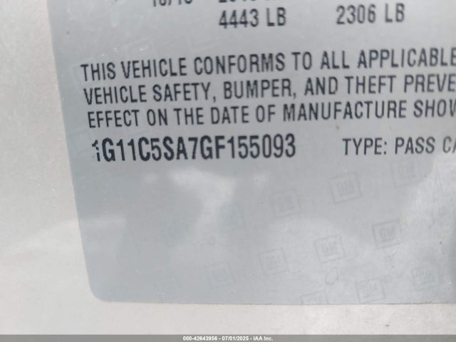 1G11C5SA7GF155093 Chevrolet lcv -sidi, dcvcp, vvt, dcvcp, e85 max, e0-e100, aluminum