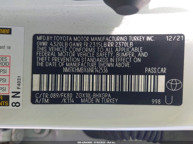 NMTKHMBX6NR142536 Toyota 3zr-fae