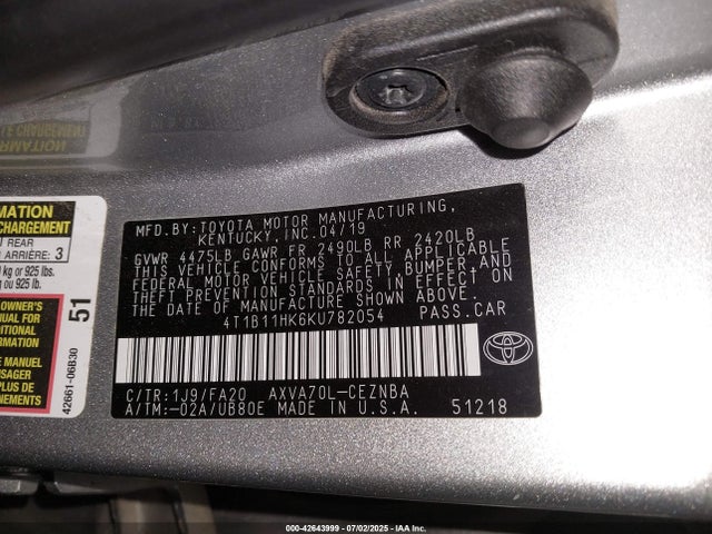 4T1B11HK6KU782054 Toyota a25a-fks
