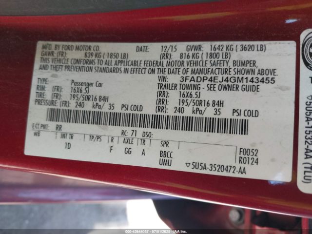 3FADP4EJ4GM143455 Ford 1.6l ti-vct premium fuel