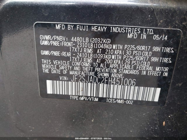 Subaru 2.5na u5 2015 JF2SJADC2FH451006 Image 9