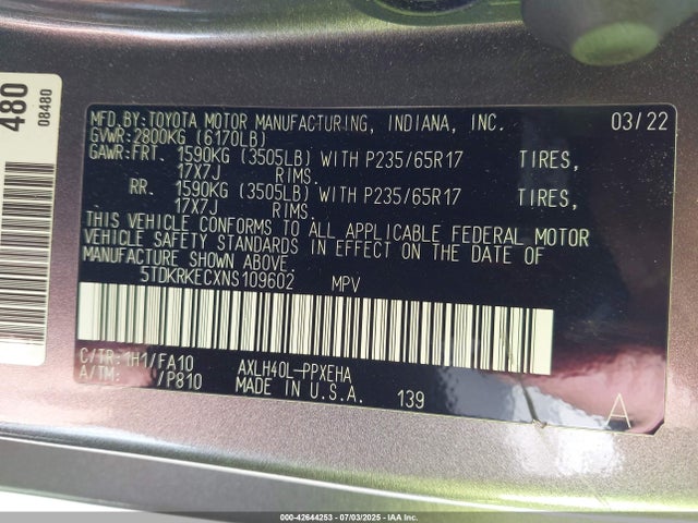 Toyota a25a-fxs, 5nm 2022 5TDKRKECXNS109602 Image 9