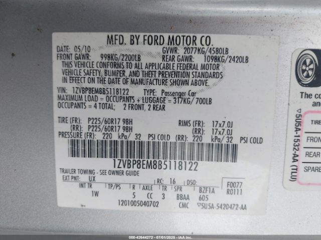 2011 FORD MUSTANG 1ZVBP8EM8B5118122 Photo 8