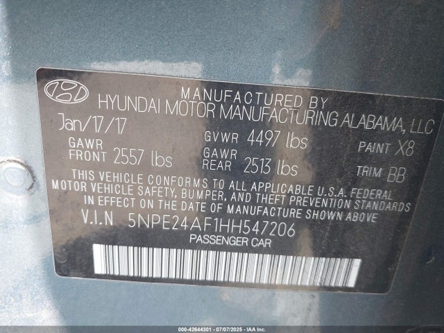 5NPE24AF1HH547206 Hyundai 2017