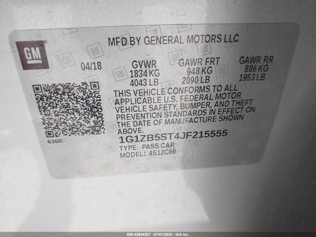 1G1ZB5ST4JF215555 Chevrolet lfv - direct injection, variable valve timing, gen 1