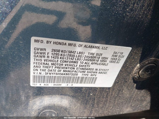 Honda j35y6 2019 5FNYF6H56KB073320 Image 9