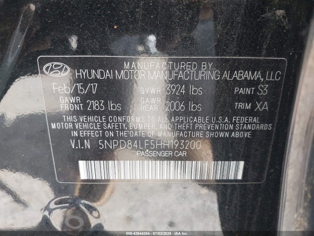 5NPD84LF5HH193200 Hyundai 2017
