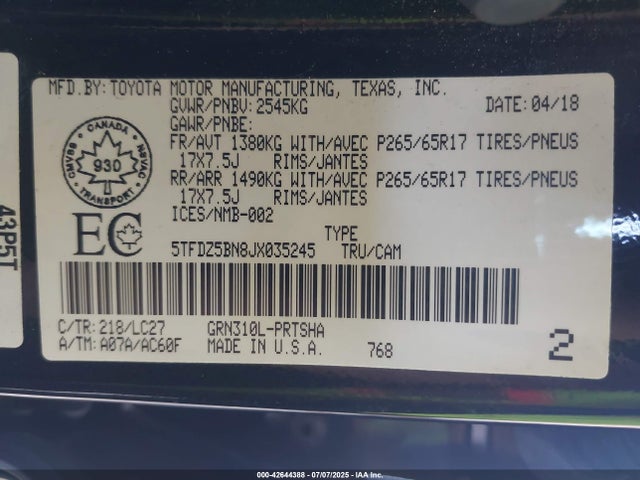 5TFDZ5BN8JX035245 Toyota 2gr-fks