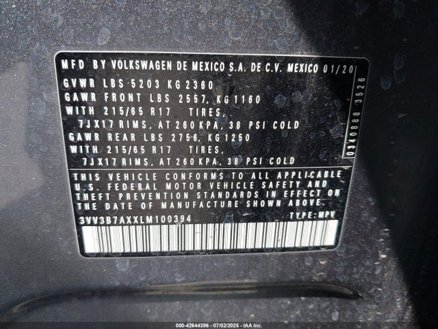 3VV3B7AXXLM100394 Volkswagen 2020
