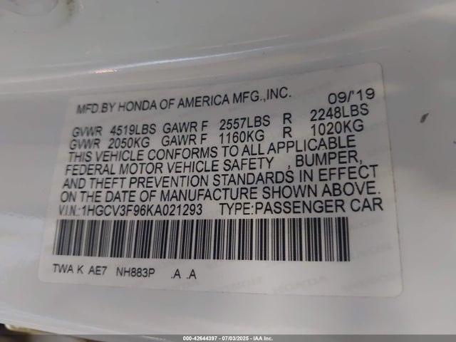 Honda lfb2 2019 1HGCV3F96KA021293 Image 9