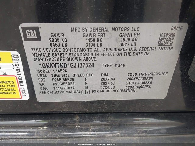 GMC llt - sidi, alum, 60 degrees 2016 1GKKVTKD1GJ137324 Image 9