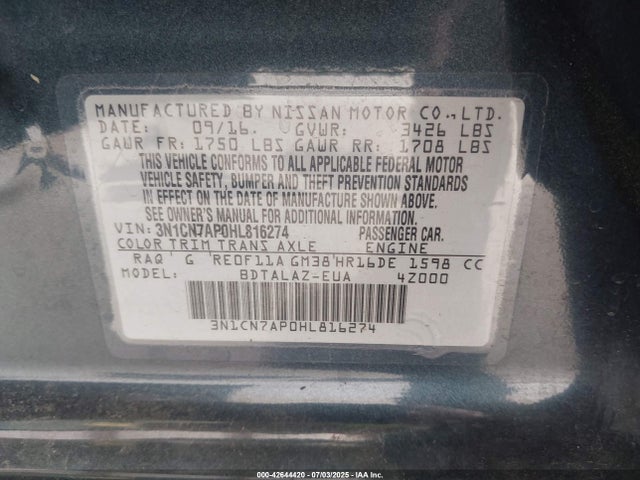 3N1CN7AP0HL816274 Nissan 2017