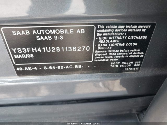 2008 SAAB 9-3 YS3FH41U281136270 Photo 8