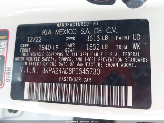 3KPA24AD8PE545730 KIA mpi gamma ii