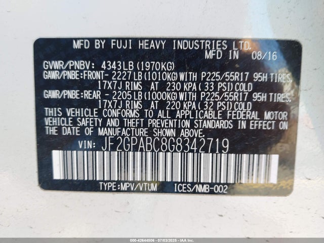 Subaru naturally aspirated 2016 JF2GPABC8G8342719 Image 9